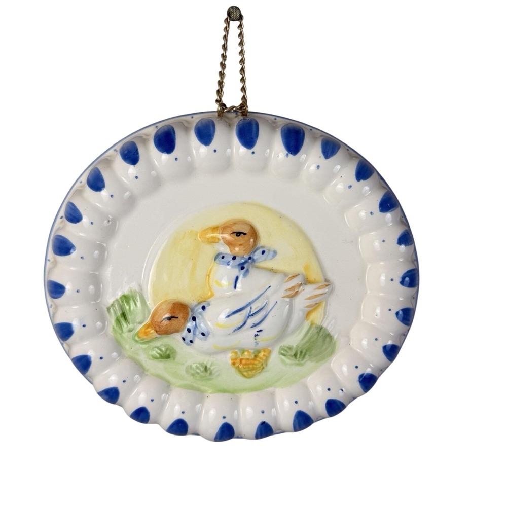 Vintage Ceramic Duck Goose Wall Pocket Planter Blue White Hanging Cottagecore
